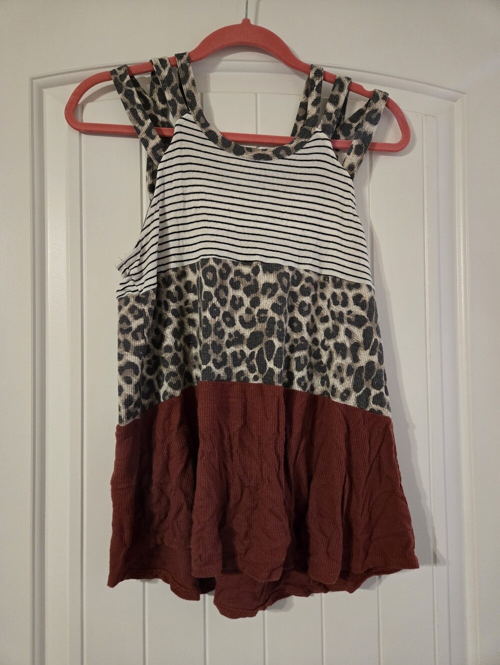 7th Ray Striped & Leopard Tiered Tank Top with Rust Hem